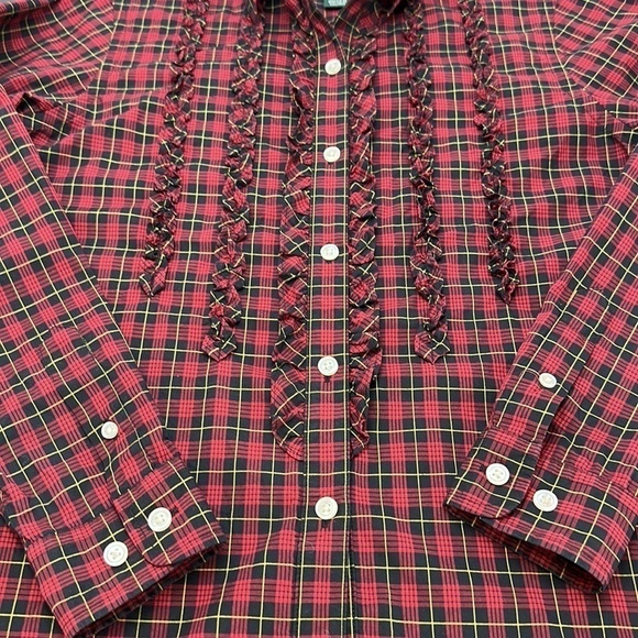 Lauren Ralph Lauren Red Black Plaid Button Front Ruffle Shirt Sz PS 90’s Vtg - Picture 7 of 12